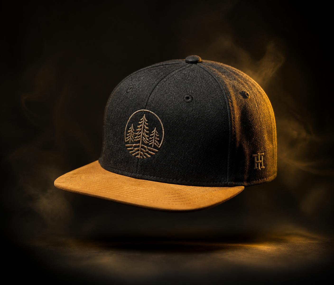 Custom charcoal wool snapback cap with suede brim built by HatLab